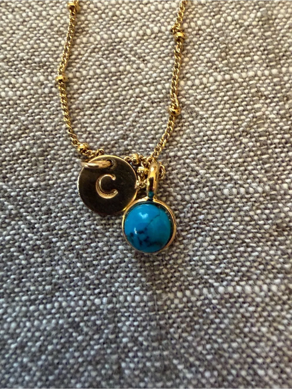 Vintage Gold Filled Chain Necklace with Turquoise Charm and C charm - Picture 4 of 8